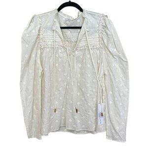 Anthropologie Bishop + Young Boho Cream Embroidered Puff Sleeve Top NWT Small
